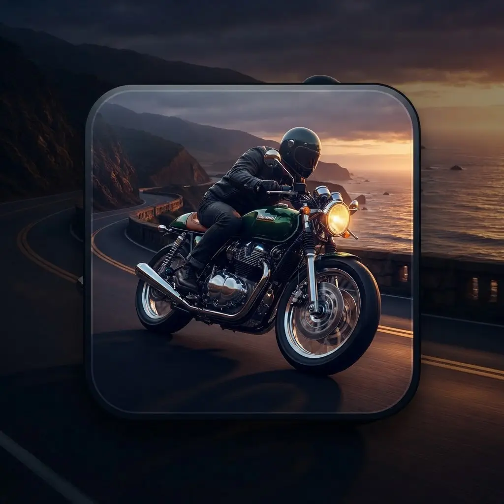 Cafe Racer app icon showing a retro motorcycle on a coastal road
