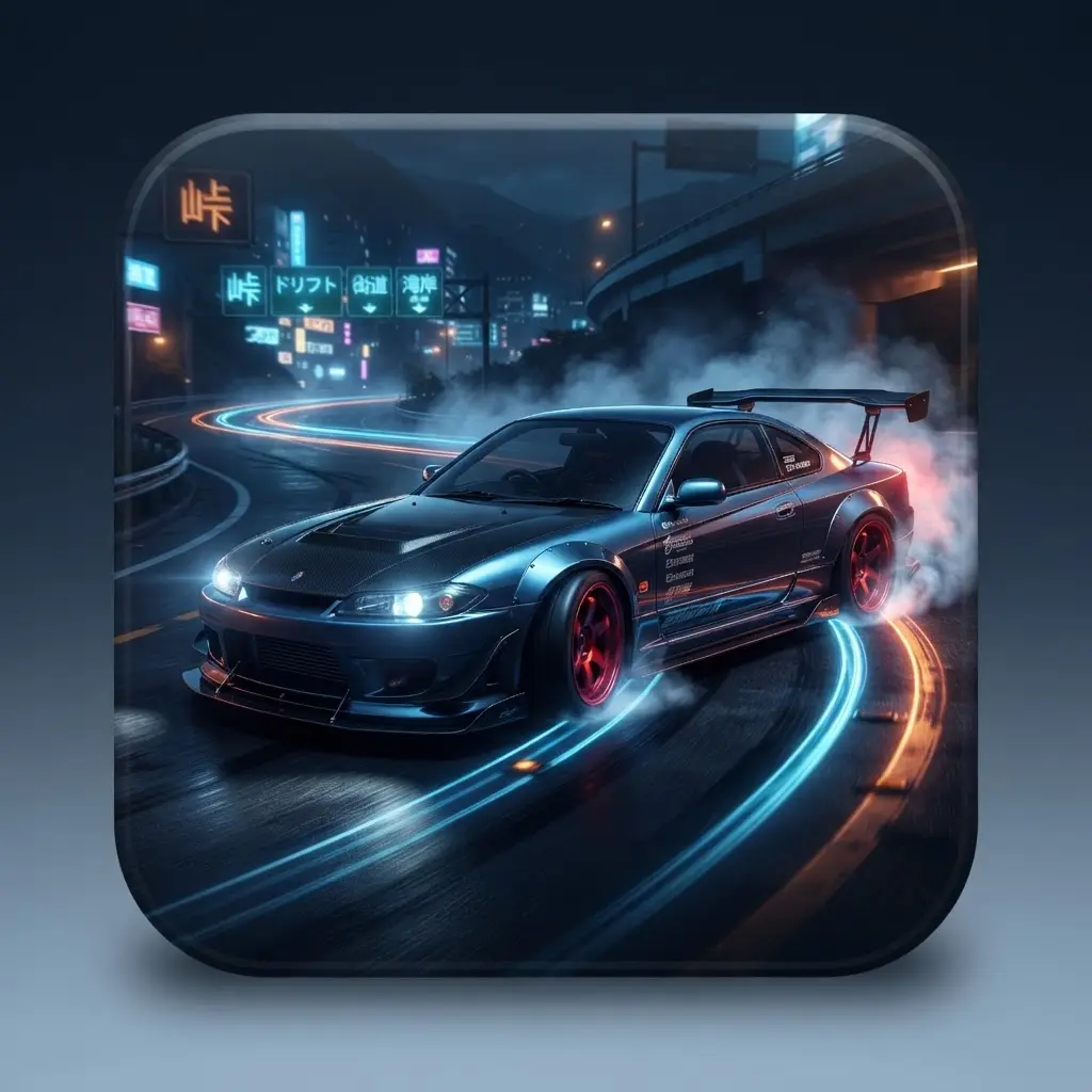 Static Shift Racing app icon showing a drifting JDM car at night