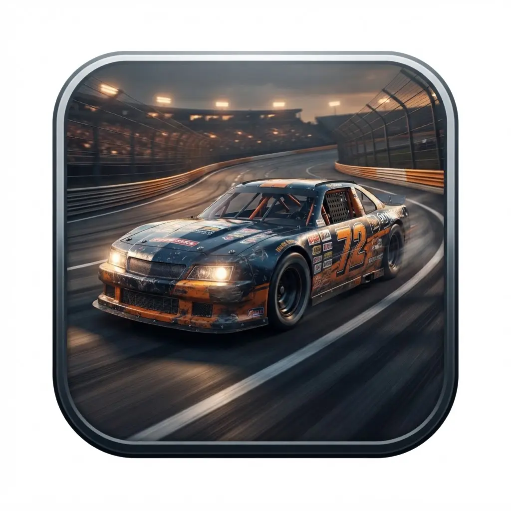 Stock Car Racing app icon showing a stock car on an oval circuit