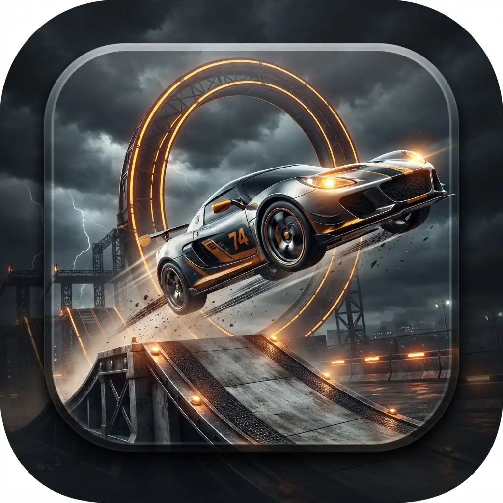 Stunt Car Extreme app icon showing a car jumping off a ramp near a loop